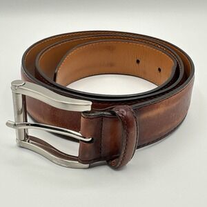 Magnanni Mens Carbon Leather Belt Cognac Brown Size 34 Silvertone Buckle #1121